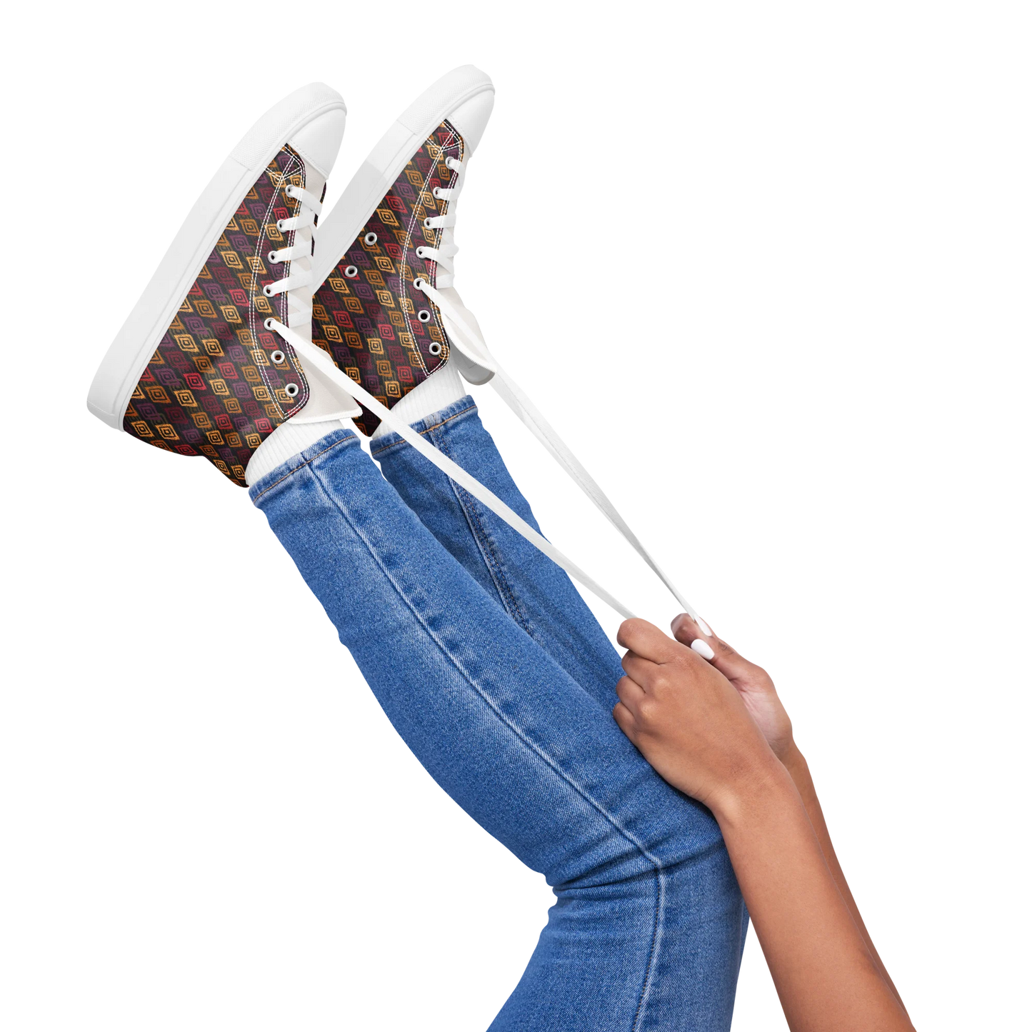 Made with a 100% polyester canvas upper, faux leather toe cap, breathable lining, removable insole, padded collar, lace-up front, and EVA rubber outsole. Designed with white soles and matching white laces. Finished with an all-over multicolor diamond ikat-inspired mosaic sublimation print on the shoe quarters, plus custom branding on the removable insole and inside label.