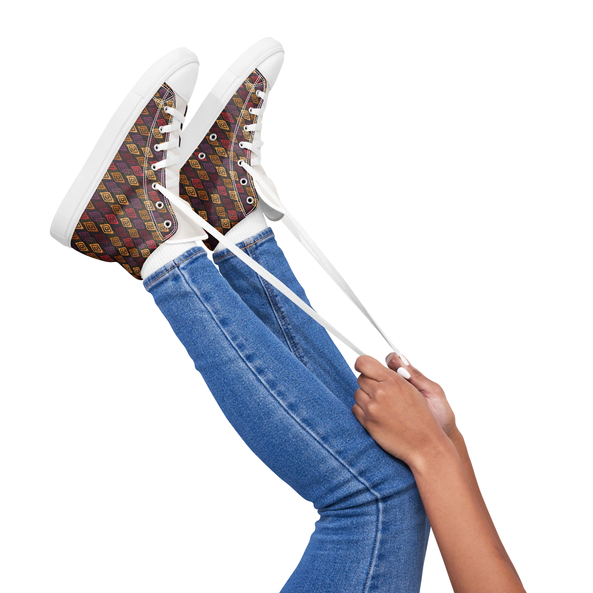 Made with a 100% polyester canvas upper, faux leather toe cap, breathable lining, removable insole, padded collar, lace-up front, and EVA rubber outsole. Designed with white soles and matching white laces. Finished with an all-over multicolor diamond ikat-inspired mosaic sublimation print on the shoe quarters, plus custom branding on the removable insole and inside label.