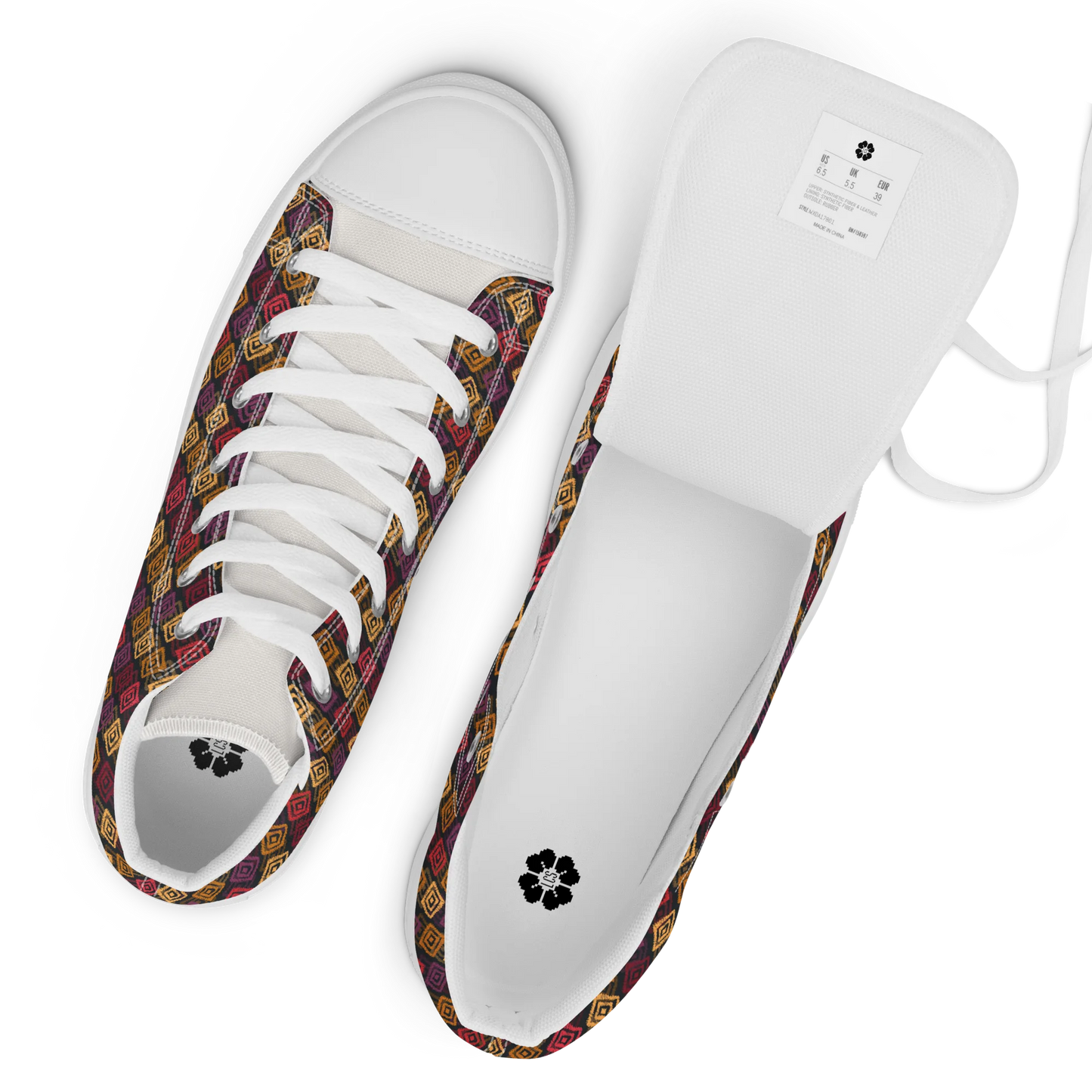 Made with a 100% polyester canvas upper, faux leather toe cap, breathable lining, removable insole, padded collar, lace-up front, and EVA rubber outsole. Designed with white soles and matching white laces. Finished with an all-over multicolor diamond ikat-inspired mosaic sublimation print on the shoe quarters, plus custom branding on the removable insole and inside label.
