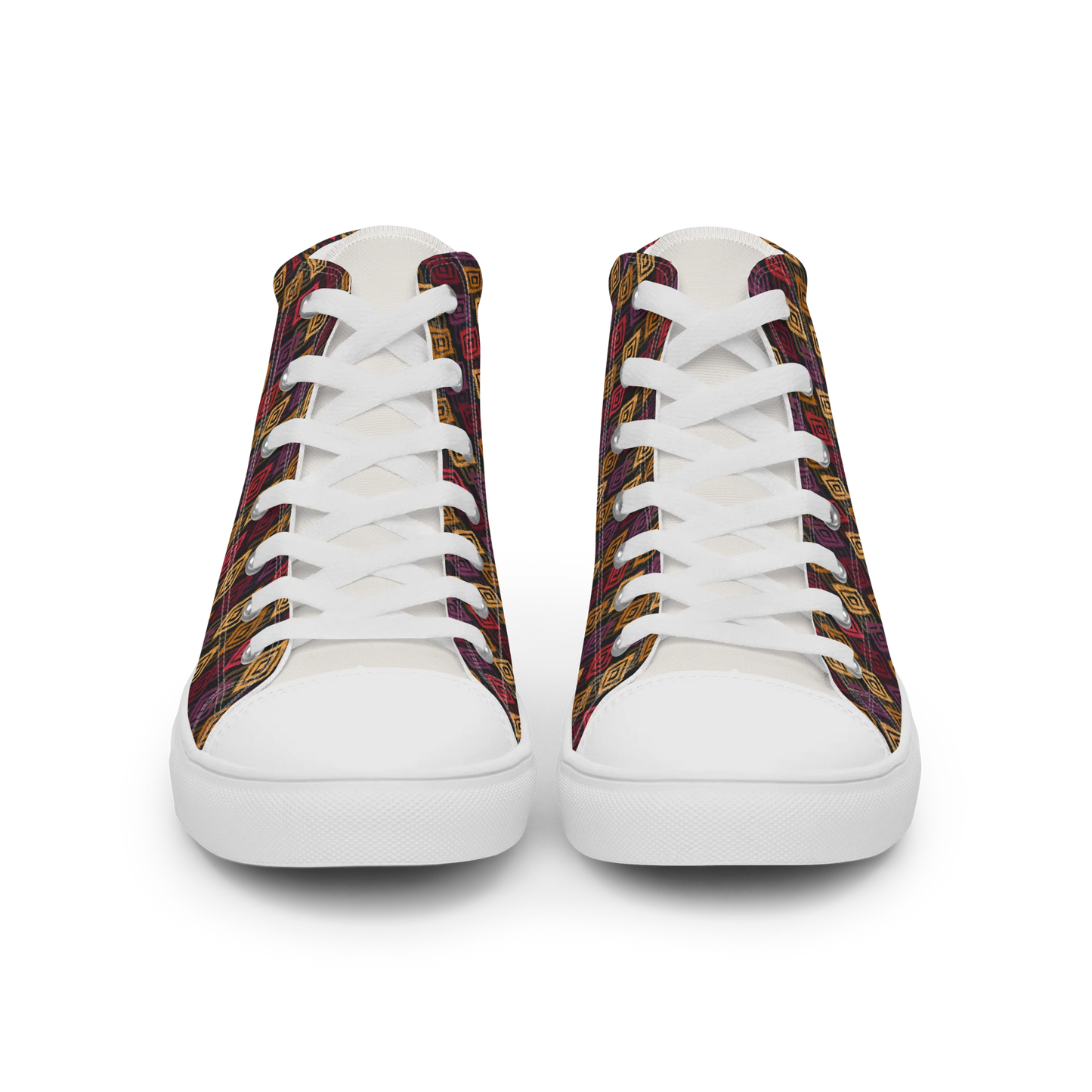 Made with a 100% polyester canvas upper, faux leather toe cap, breathable lining, removable insole, padded collar, lace-up front, and EVA rubber outsole. Designed with white soles and matching white laces. Finished with an all-over multicolor diamond ikat-inspired mosaic sublimation print on the shoe quarters, plus custom branding on the removable insole and inside label.