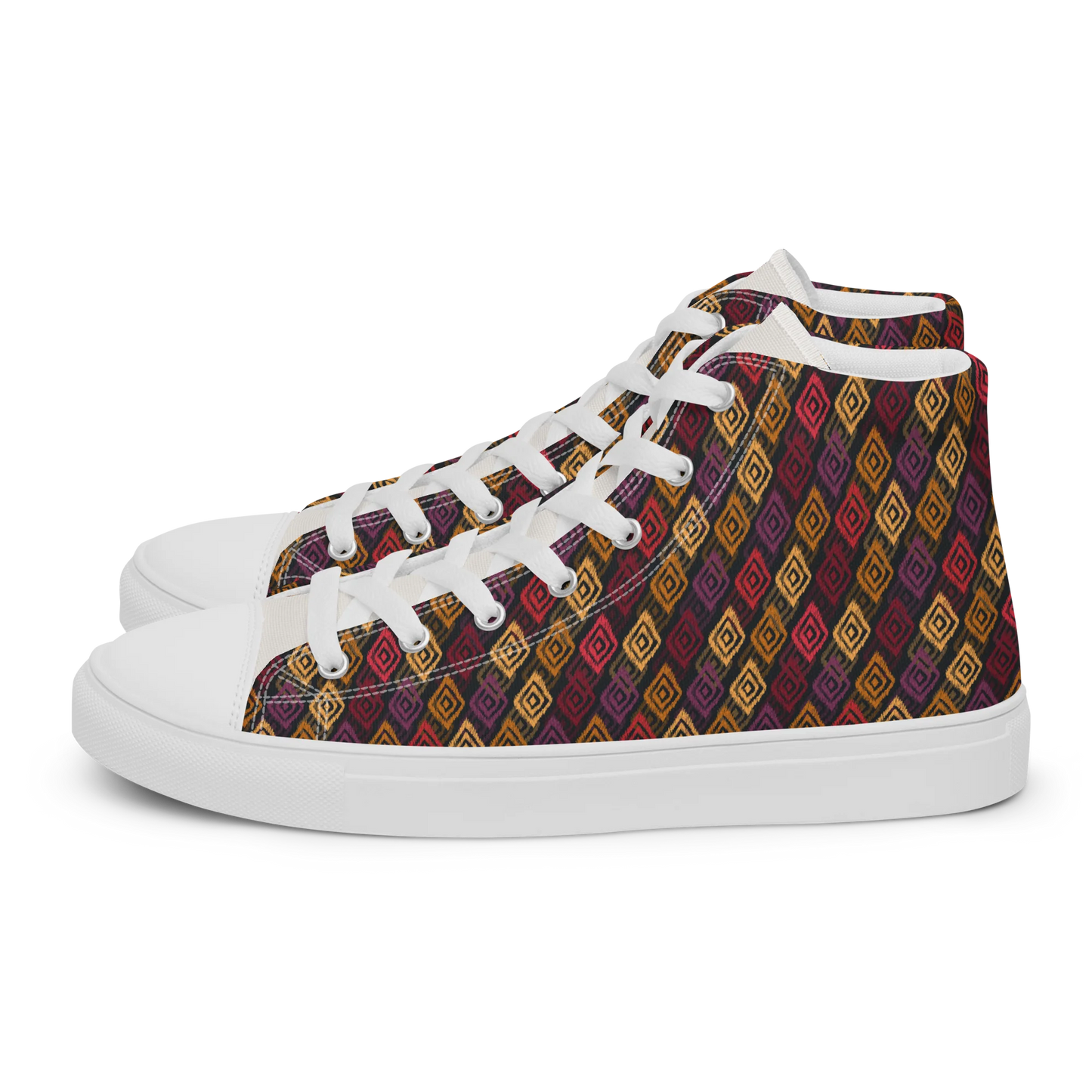 Made with a 100% polyester canvas upper, faux leather toe cap, breathable lining, removable insole, padded collar, lace-up front, and EVA rubber outsole. Designed with white soles and matching white laces. Finished with an all-over multicolor diamond ikat-inspired mosaic sublimation print on the shoe quarters, plus custom branding on the removable insole and inside label.