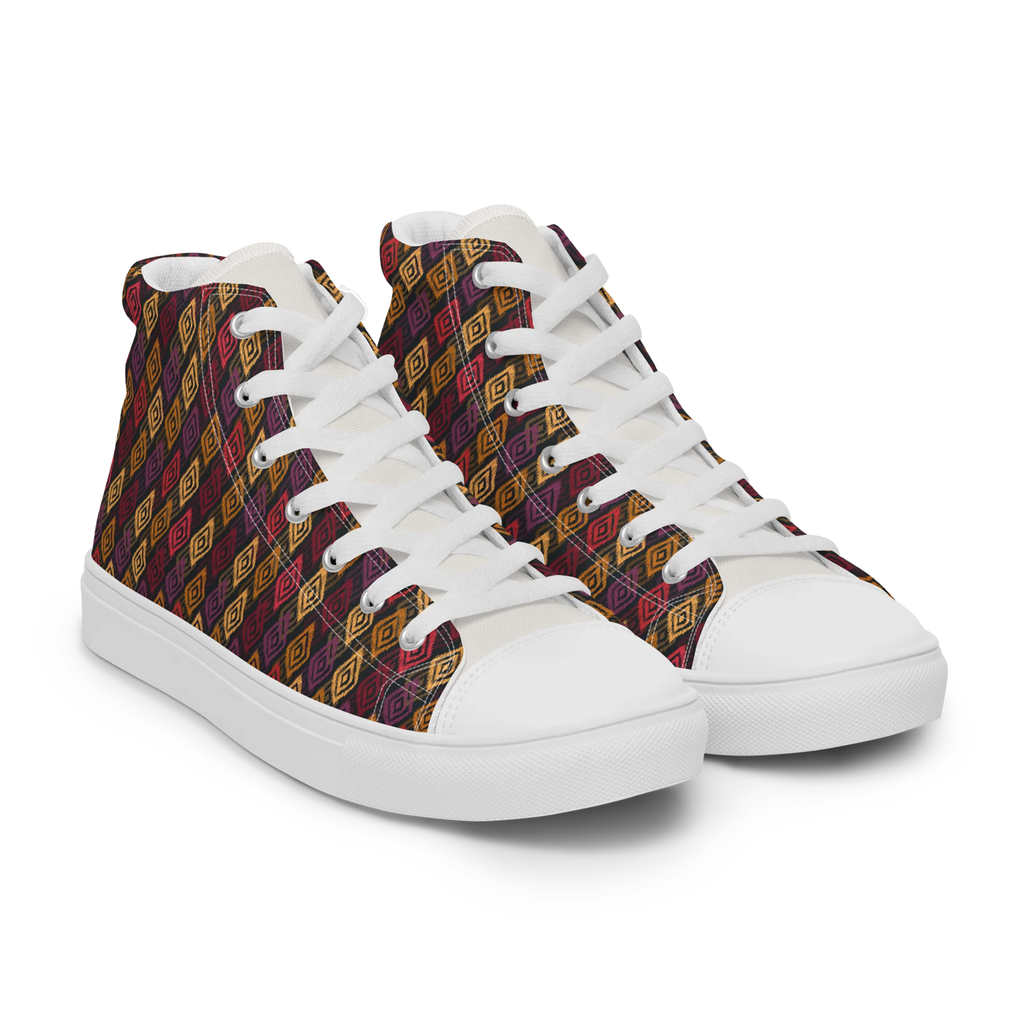 Made with a 100% polyester canvas upper, faux leather toe cap, breathable lining, removable insole, padded collar, lace-up front, and EVA rubber outsole. Designed with white soles and matching white laces. Finished with an all-over multicolor diamond ikat-inspired mosaic sublimation print on the shoe quarters, plus custom branding on the removable insole and inside label.