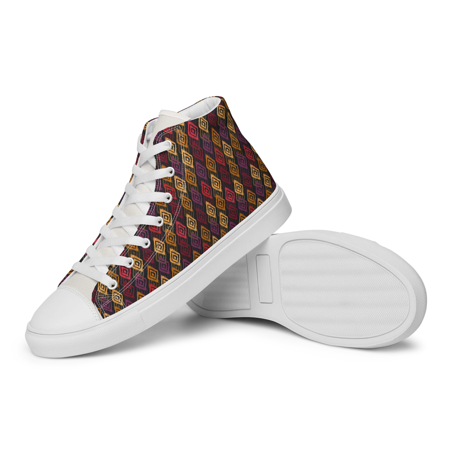 Made with a 100% polyester canvas upper, faux leather toe cap, breathable lining, removable insole, padded collar, lace-up front, and EVA rubber outsole. Designed with white soles and matching white laces. Finished with an all-over multicolor diamond ikat-inspired mosaic sublimation print on the shoe quarters, plus custom branding on the removable insole and inside label.
