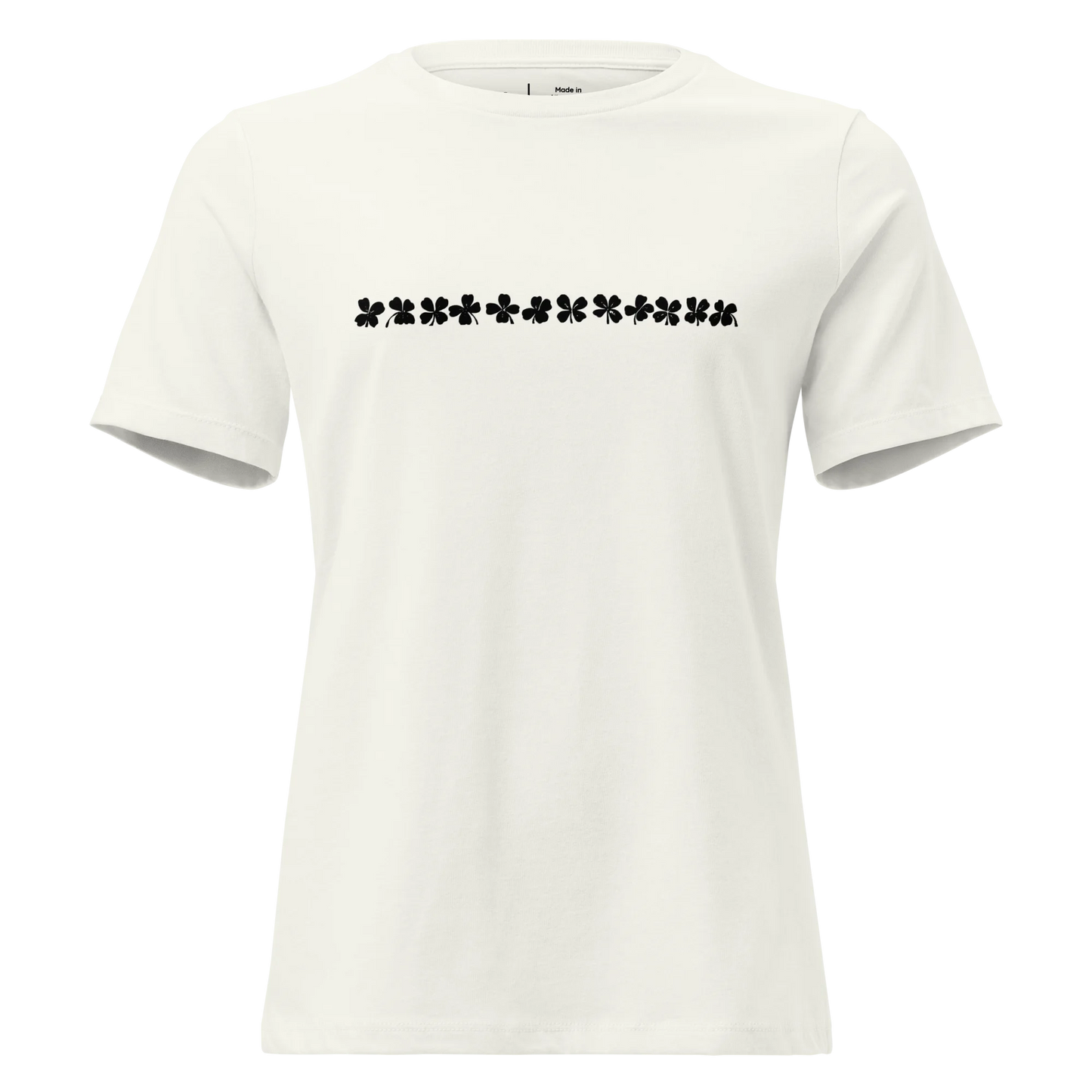 Made from 100% Airlume combed and ring-spun cotton. Fabric weight: 4.2 oz/yd² (142 g/m²). Designed with a relaxed fit, pre-shrunk fabric, side-seamed construction, and a crew neckline. Finished in Vintage White with a black front DTG clover silhouette sequence.