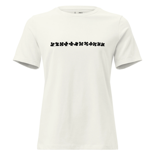 Made from 100% Airlume combed and ring-spun cotton. Fabric weight: 4.2 oz/yd² (142 g/m²). Designed with a relaxed fit, pre-shrunk fabric, side-seamed construction, and a crew neckline. Finished in Vintage White with a black front DTG clover silhouette sequence.