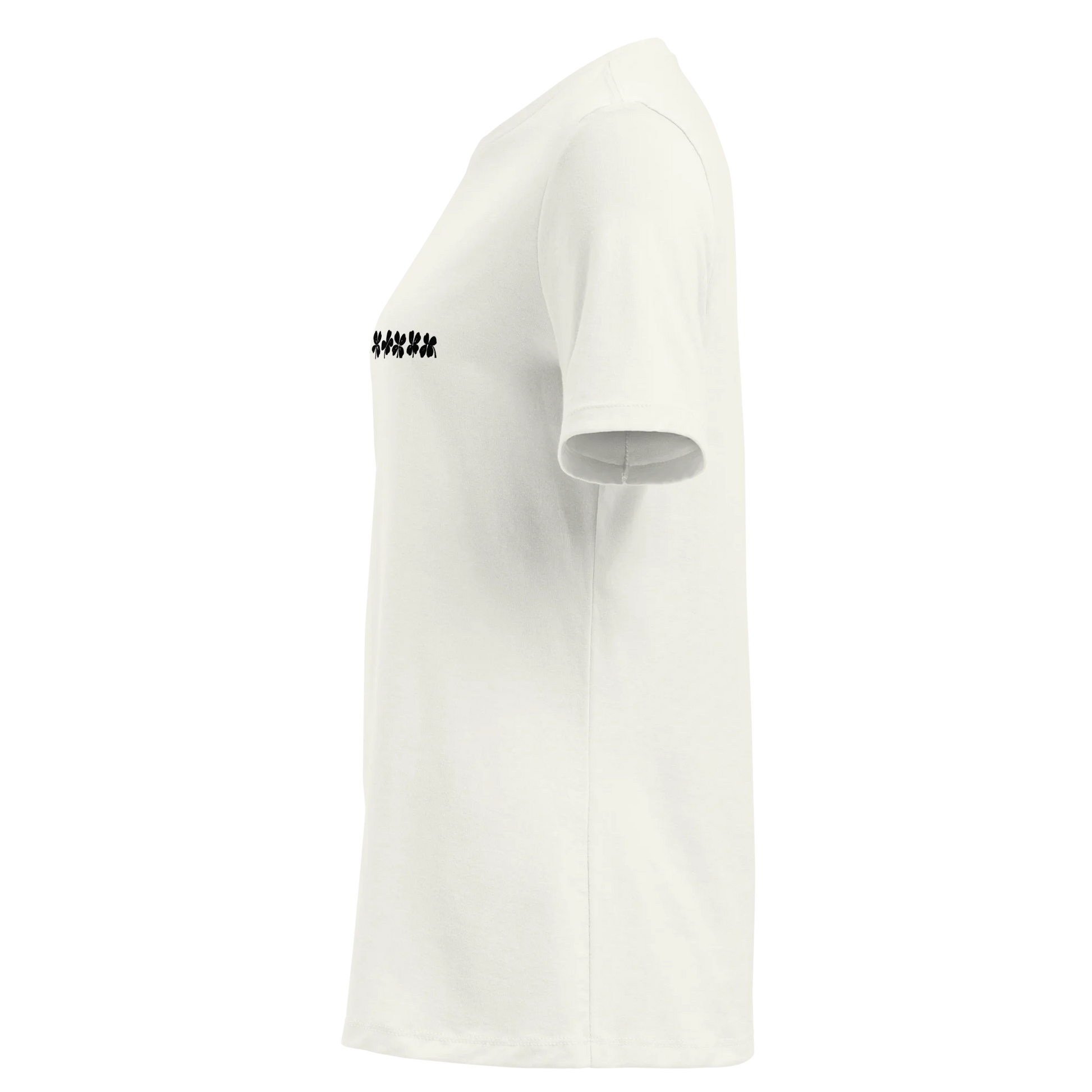 Made from 100% Airlume combed and ring-spun cotton. Fabric weight: 4.2 oz/yd² (142 g/m²). Designed with a relaxed fit, pre-shrunk fabric, side-seamed construction, and a crew neckline. Finished in Vintage White with a black front DTG clover silhouette sequence.