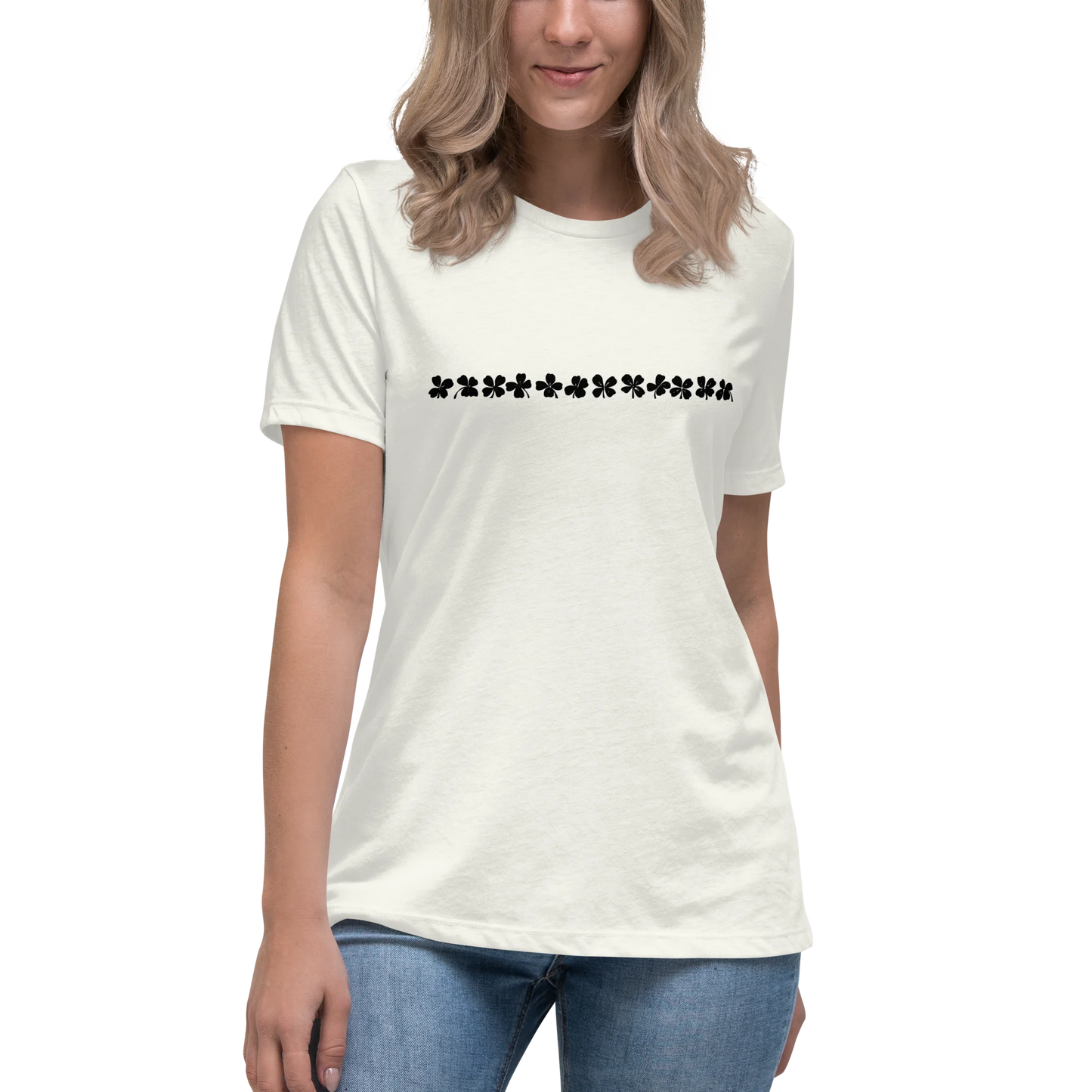 Made from 100% Airlume combed and ring-spun cotton. Fabric weight: 4.2 oz/yd² (142 g/m²). Designed with a relaxed fit, pre-shrunk fabric, side-seamed construction, and a crew neckline. Finished in Vintage White with a black front DTG clover silhouette sequence.