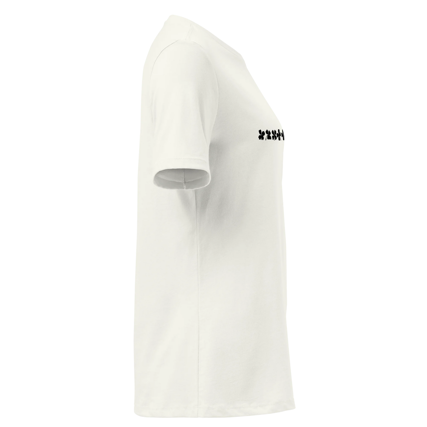 Made from 100% Airlume combed and ring-spun cotton. Fabric weight: 4.2 oz/yd² (142 g/m²). Designed with a relaxed fit, pre-shrunk fabric, side-seamed construction, and a crew neckline. Finished in Vintage White with a black front DTG clover silhouette sequence.