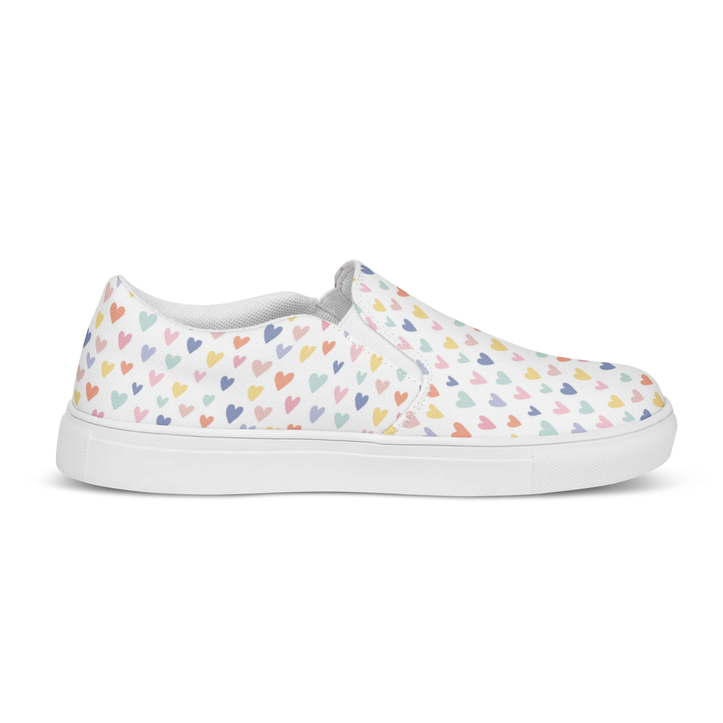 Made with a 100% polyester canvas upper, breathable lining, soft removable insole, elastic side accents, padded collar and tongue, and EVA rubber outsole. Designed with white soles and a slip-on silhouette. Finished with an all-over pastel hearts sublimation print.