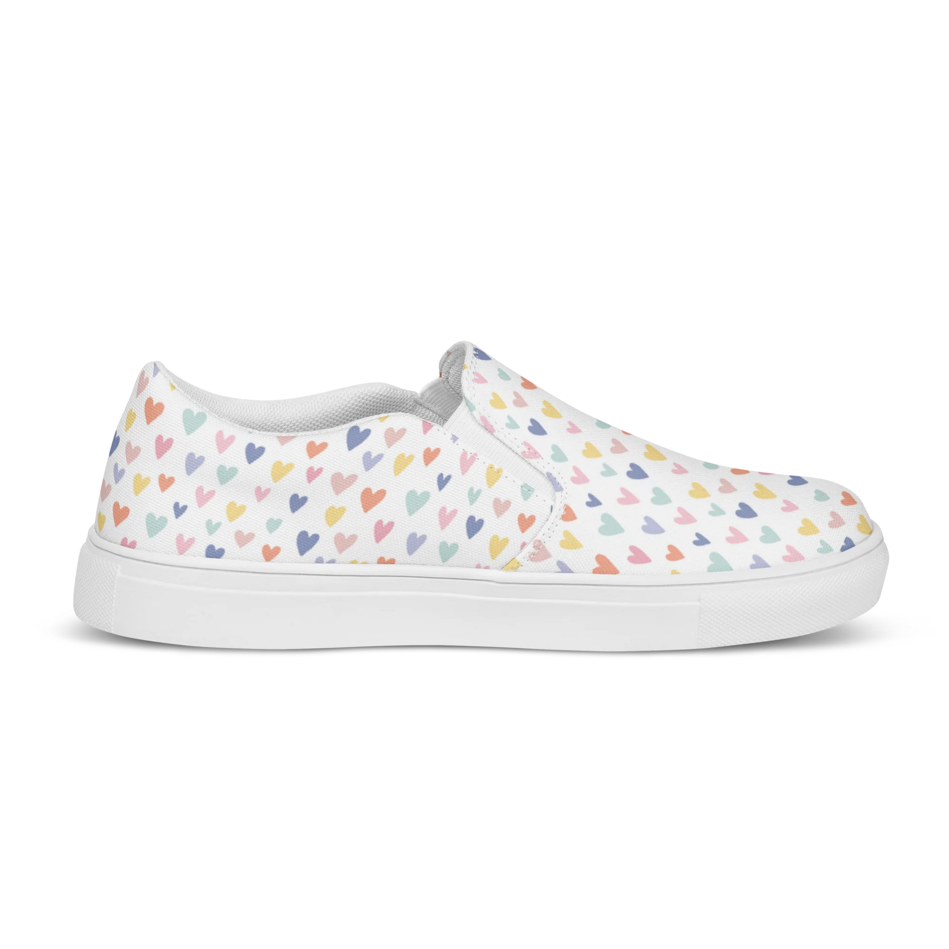 Made with a 100% polyester canvas upper, breathable lining, soft removable insole, elastic side accents, padded collar and tongue, and EVA rubber outsole. Designed with white soles and a slip-on silhouette. Finished with an all-over pastel hearts sublimation print.