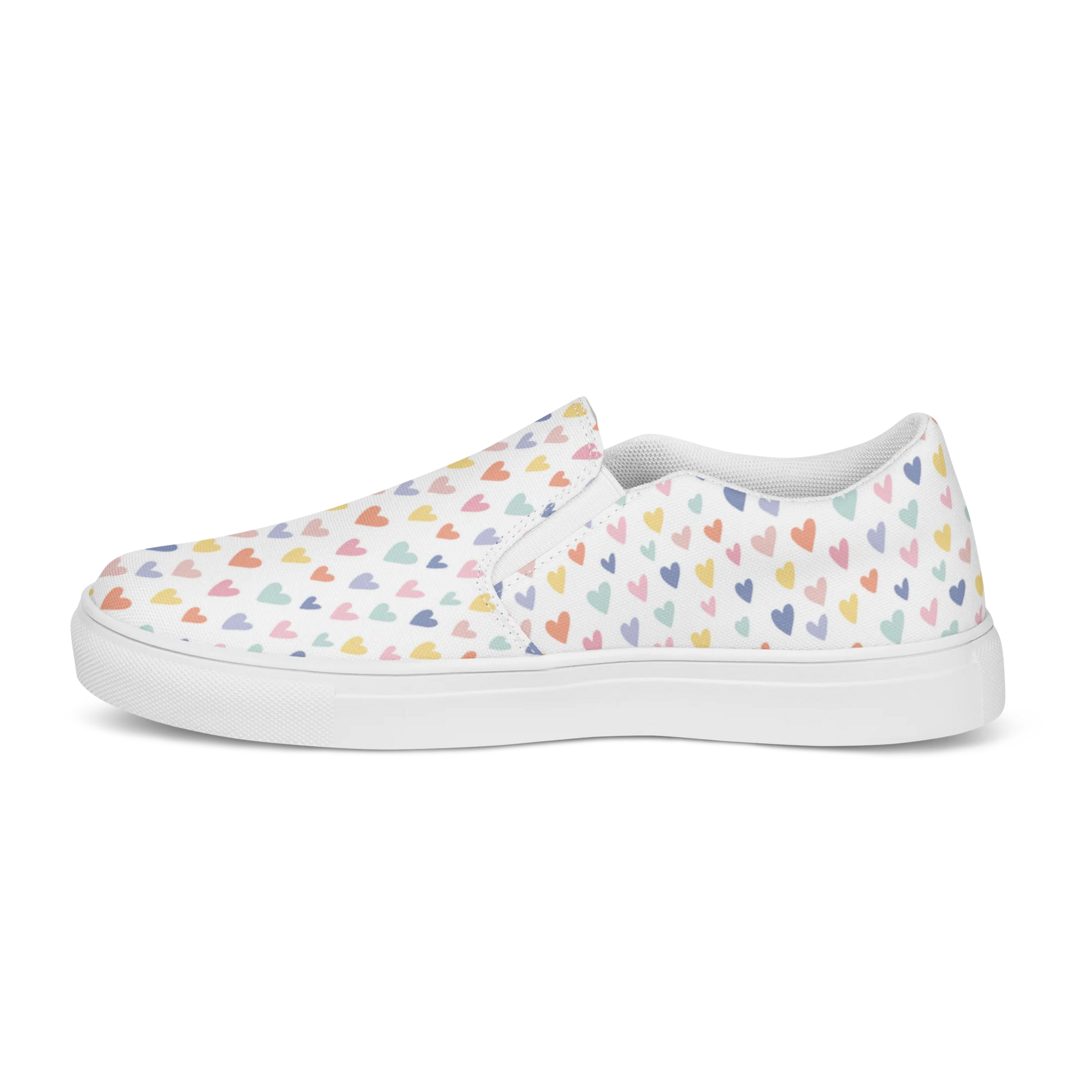 Made with a 100% polyester canvas upper, breathable lining, soft removable insole, elastic side accents, padded collar and tongue, and EVA rubber outsole. Designed with white soles and a slip-on silhouette. Finished with an all-over pastel hearts sublimation print.