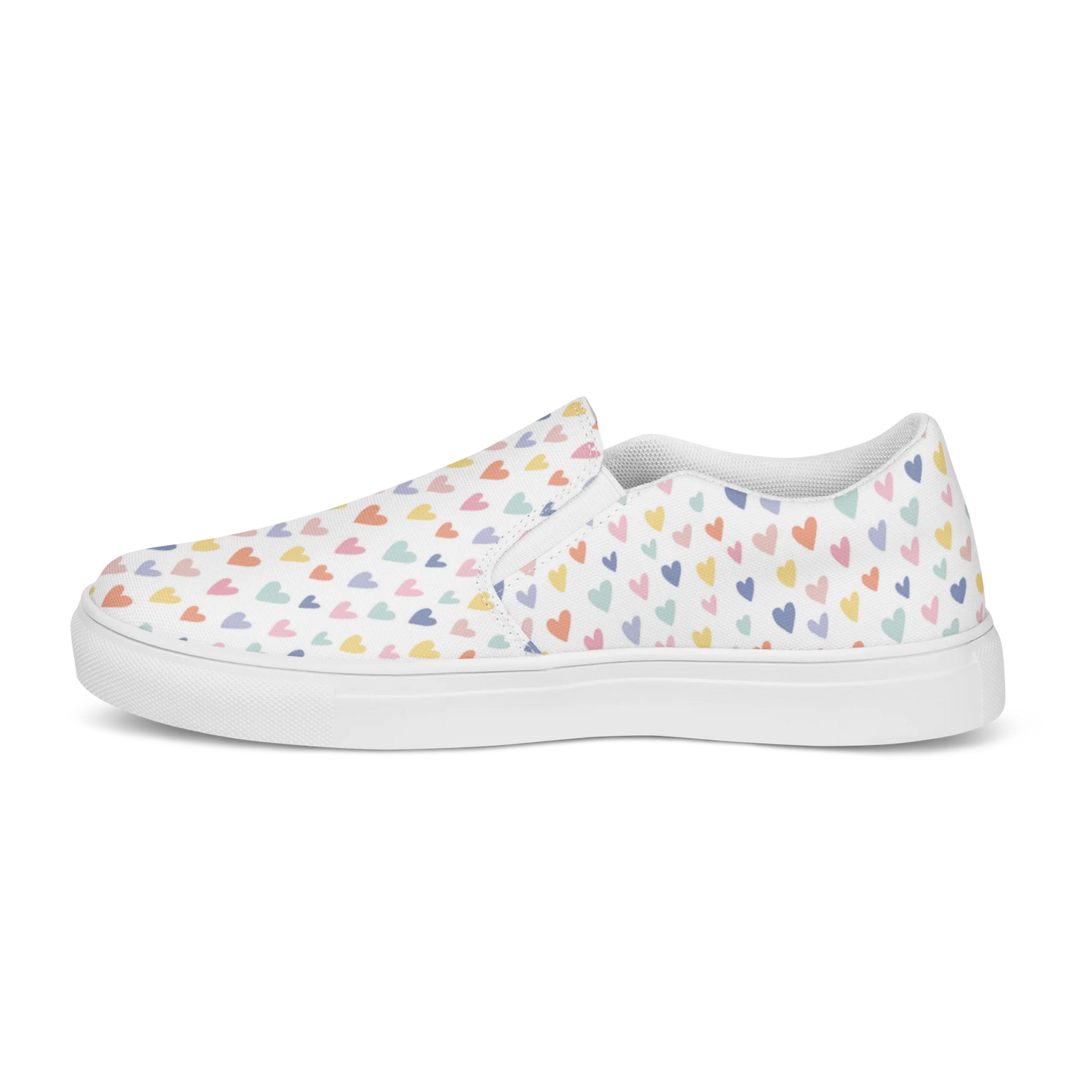 Made with a 100% polyester canvas upper, breathable lining, soft removable insole, elastic side accents, padded collar and tongue, and EVA rubber outsole. Designed with white soles and a slip-on silhouette. Finished with an all-over pastel hearts sublimation print.