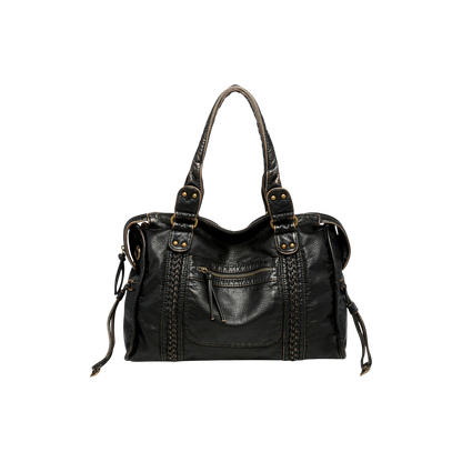 Black leather handbag with visible branding on a white background