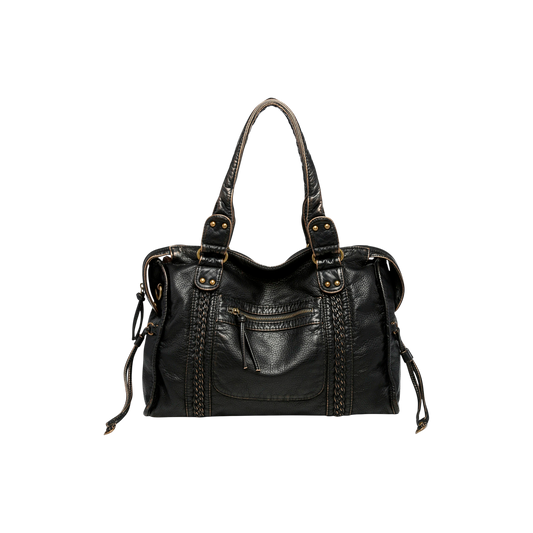 Black leather handbag with visible branding on a white background